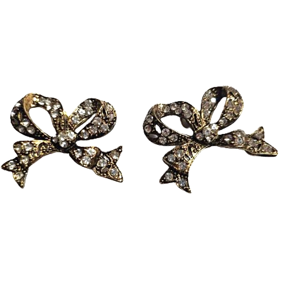 Vintage Heidi Daus Stamped Rhinestone, Bow Clip On Earrings